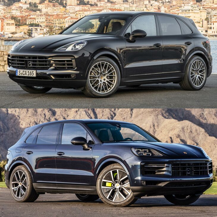 マイナーチェンジ前（上）とマイナーチェンジ後（下）の「カイエン」の比較。ヘッドランプ周りを中心に「ミッションR」顔になっているのがわかる。