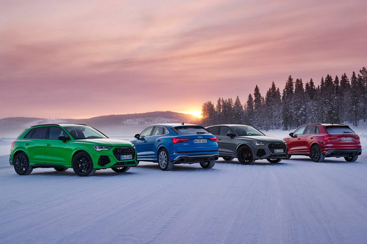 「RS Q3」と「RS Q3スポーツバック」には、RSシリーズ専用色である「キャラミグリーン」（左端）と「ナルドグレー」（右から2番目）の2色を含む、全8色のボディーカラーが用意される。