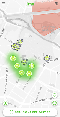 ライムのスマートフォンアプリ上には、空き車両の位置がリアルタイムで表示される。