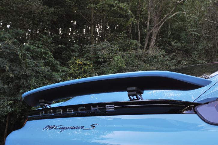 リアエンドのウイングは、速度に応じて自動的に立ち上がる。電動スイッチによる手動操作も可能。