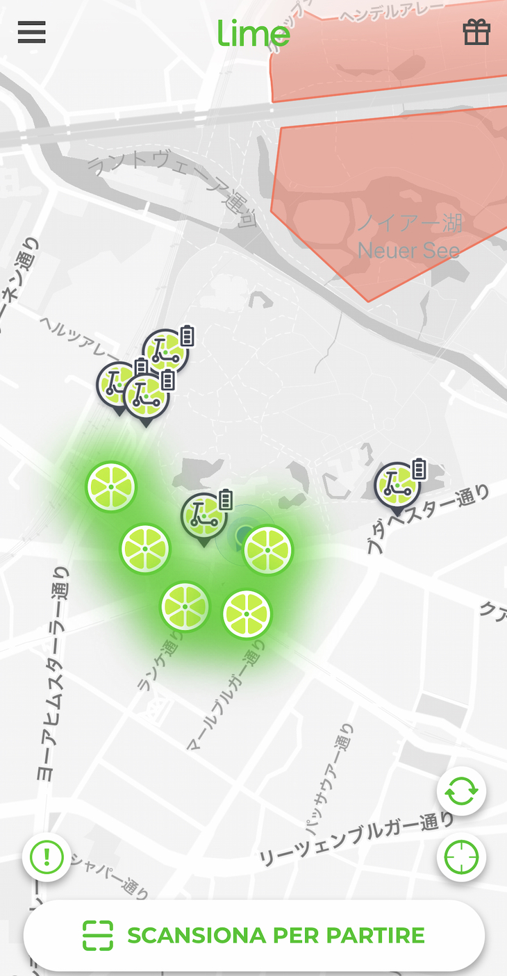 ライムのスマートフォンアプリ上には、空き車両の位置がリアルタイムで表示される。