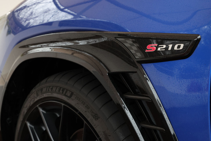 ホイールアーチまわりのガーニッシュは、フロントに「S210」のオーナメントが備わる専用アイテム。「スバルWRX NBR CHALLENGE」マシンから得られた空力的なノウハウを生かし、デザインの見直しと片側で10mmの拡幅が行われている。