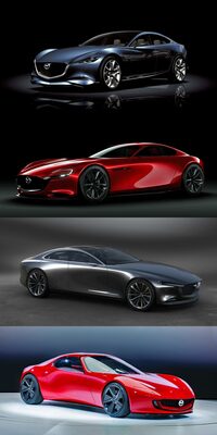 「魂動デザイン」の方向性を示してきた歴代コンセプトモデル。上から「靭（SHINARI）」「RXビジョン」「ビジョン クーペ」「アイコニックSP」。あらためて見ても、どれもウットリするほどカッコいい。