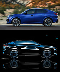 「X2」のサイドビュー（上）。ドアパネルに入るかすかな陰影に注目。　
	渕野「この辺りは、前後で相関関係になるようにデザインされているんですね。スケッチ（下）を参考にすると、よりわかりやすいですが」　
	清水＆ほった「このクルマを見てそんなところに気がつくの、渕野さんだけです」