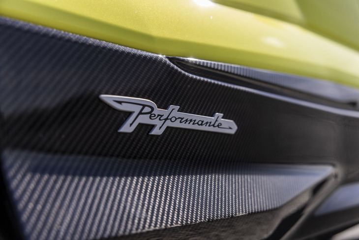 リアドア下方のカーボン製サイドスカートには、「Performante」エンブレムが添えられる。