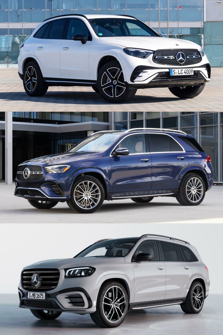 上から最新の「メルセデス・ベンツGLC／GLE／GLS」。他モデルと同じく“金太郎アメ”戦略が採られているメルセデスのSUV製品群だが、こちらはまだ、セダン／ステーションワゴンよりはモデルごとの違いが把握できる。