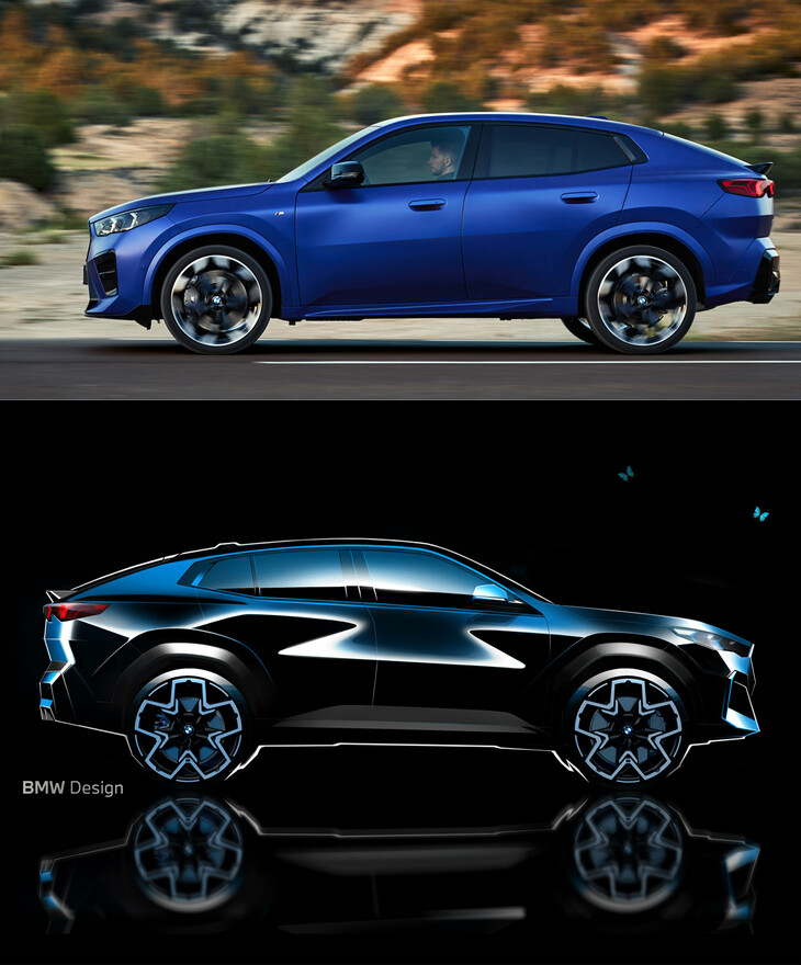 「X2」のサイドビュー（上）。ドアパネルに入るかすかな陰影に注目。　
	渕野「この辺りは、前後で相関関係になるようにデザインされているんですね。スケッチ（下）を参考にすると、よりわかりやすいですが」　
	清水＆ほった「このクルマを見てそんなところに気がつくの、渕野さんだけです」