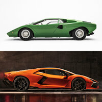 1974年登場の「カウンタックLP400」（上）と、2023年登場の「レヴエルト」（下）。ガンディーニが描いたモチーフは、半世紀を経た今もなおランボルギーニに受け継がれている。