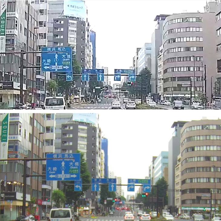 GP1（写真上）とGP-4K（写真下）の画像比較。標識文字の認識のしやすさや色合いの違いは一目瞭然。