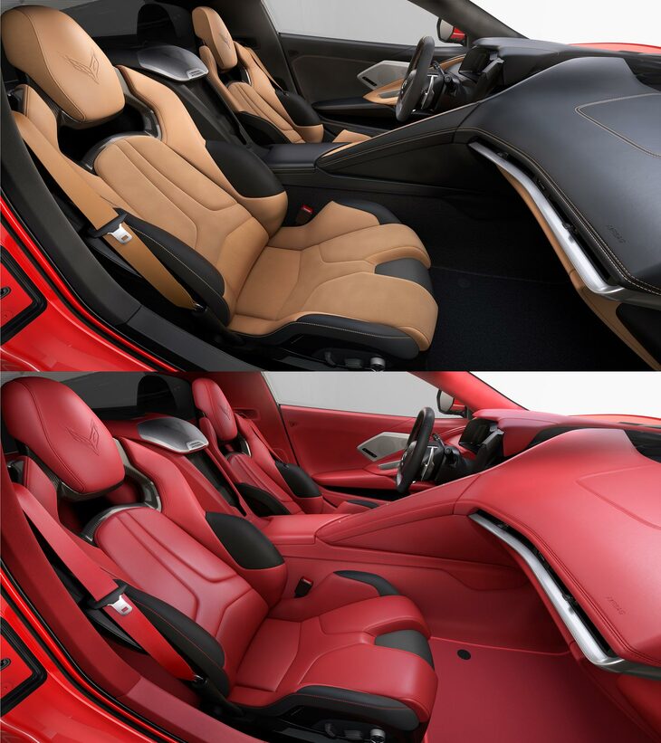 新採用の内装色。上が「ナチュラル」、下が「アドレナリンレッド ディップド」。