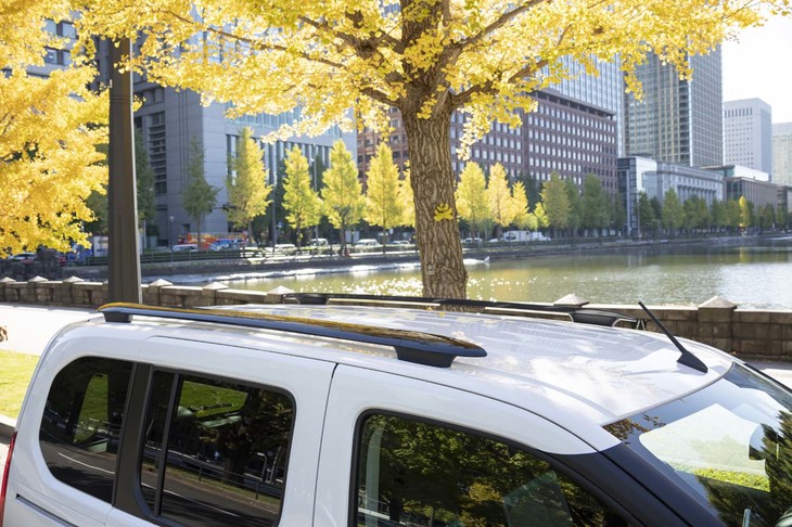 両端が細くなった特徴的な形状のルーフレールは全車に標準装備される。