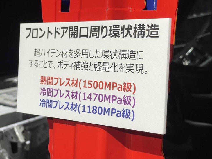 フロントドアの開口部には超ハイテン材を使った環状構造を採用している。