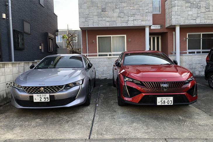 愛車ちょいワル特急こと、わが「プジョー508 GT BlueHDi」（写真左）と、今回試乗した1.2リッター直3ターボを搭載する「408 GT」（写真右）。1.2リッターのガソリンエンジンはとても優秀だが、パワーやトルクはもちろん、燃費でも2リッターディーゼルが勝つ。408にディーゼルの設定がないのはやはり残念である。