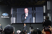 スバルとモータースポーツ統括会社であるスバルテクニカインターナショナルとの共同出展となるブースで行われたプレスカンファレンスの様子。