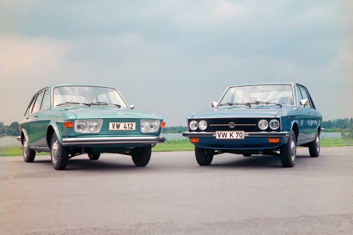 「タイプI」の後継モデルとして送り出された「412」（左）と、NSUからOEM供給を受けて販売された「K70」（右）。