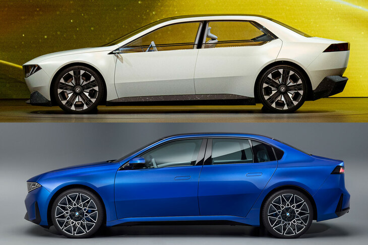 「ビジョン ノイエクラッセ」（上）と新型「i3」（下）のサイドビュー。ルーフラインのピークの位置や、Cピラーまわりの処理、リアエンドのシルエットなどに注目。