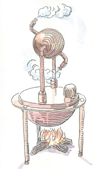 紀元1世紀頃に活躍したアレクサンドリアの数学者、ヘロンが考案した蒸気機関。釜で水を熱してできた蒸気をパイプで上の球体まで送り、蒸気の噴射によって球体を回転させ、動力を得るという発想だった。