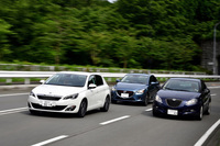 「プジョー308アリュール BlueHDi」と「ランチア・デルタ1.6マルチジェット」との比較は、「マツダ・デミオ」（1.5ディーゼル）も交えて行ったが、3台の動力性能は僅差だった。（写真＝池之平昌信）