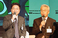 レースへの抱負を語る中野信治（左）と高木虎之介 両選手【写真上】「今季の目標は、全部勝つこと、そして高木選手を表彰台の真ん中に立たせること」と語るトヨタ自動車（株）モータースポーツ部主査の木下美明氏（左）。2001年に4度目のシリーズマニュファクチャラーズタイトルを獲得したホンダ。ホンダパフォーマンスディベロップメントの朝香充弘副社長（右）は、「もてぎで、最初で最後の優勝を飾りたい」とコメントした【写真下】