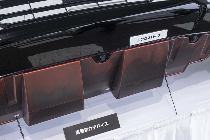 バンパー下部中央の「エアロスロープ」が車体の下に速い空気の流れをつくり、風のレールの上を走っているような安定感＝直進安定性を生み出す。