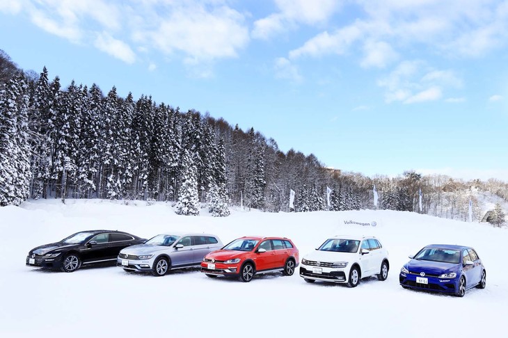 日本で販売されている4WDのフォルクスワーゲン車は写真の5車種。写真左から「アルテオン」「パサート オールトラック」「ゴルフ オールトラック」「ティグアンTDI」「ゴルフR」。