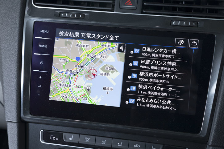 写真は神奈川県横浜市周辺で充電スポット検索をしたところ。「急速充電器のみ」「無料充電スポットのみ」といったフィルターをかけて検索することもできる。