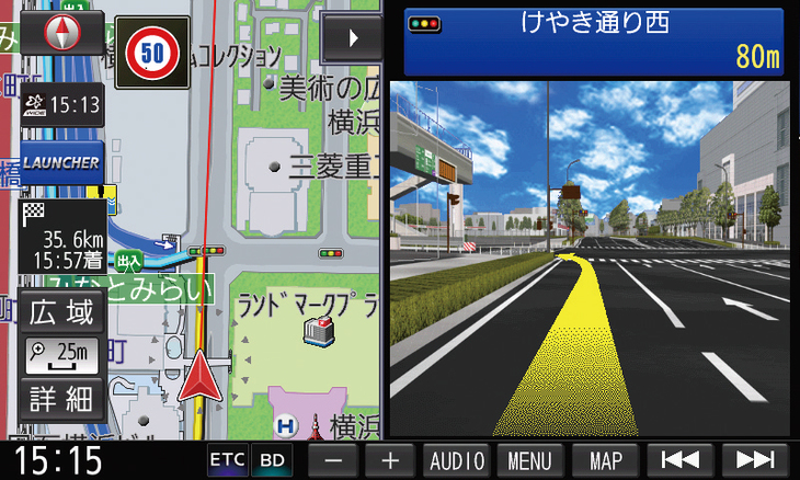 一般道の交差点案内は道路上に黄色の矢印で曲がる方向を案内。わかりにくい場所にある高速道路の入り口もこの案内なら見落とさないだろう。