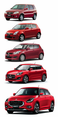 初代から新型（5代目）までの歴代「スイフト」。初代のみまったくコンセプトの違うクルマに見えるが、実際、初代は軽乗用車「Kei」を拡張したモデルで、海外では車名も「イグニス」となっていた。