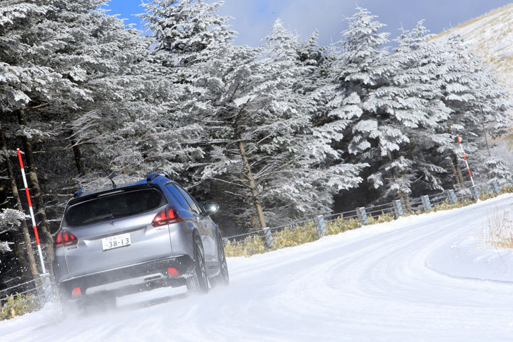 霧ヶ峰のスキー場周辺は、ご覧の通り一面の雪。そんな中も「ベクター4シーズンズ」を装着した「プジョー2008」は危なげなく走っていく。