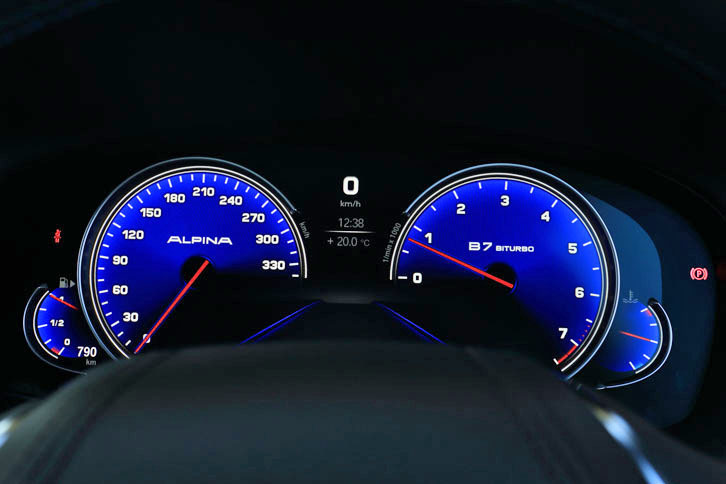 デジタルメーターにはアルピナ独自のデザインを採用している。写真はブルーパネルに赤い指針、判別しやすい数字を用いた、コンフォートモード選択時のデザイン。