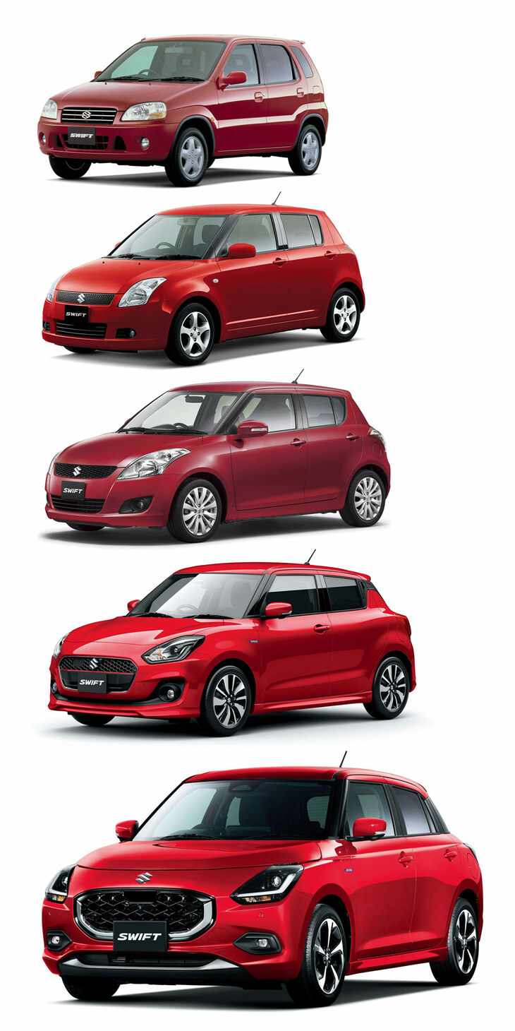 初代から新型（5代目）までの歴代「スイフト」。初代のみまったくコンセプトの違うクルマに見えるが、実際、初代は軽乗用車「Kei」を拡張したモデルで、海外では車名も「イグニス」となっていた。