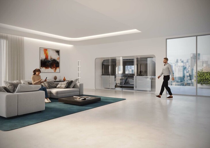 「クライムビー」のカプセルは集合住宅のリビングに直結する。