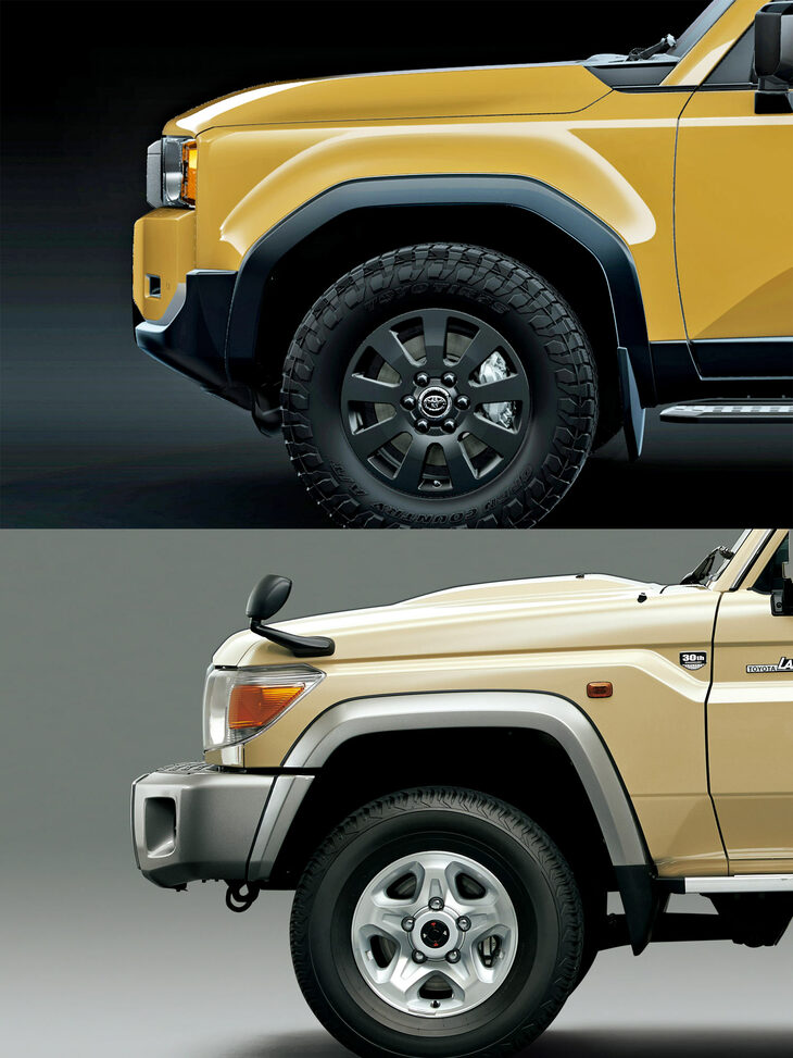 ほった「『ランクル250』と『ランクル70』の30周年記念車を並べてみました。バンパーの前端と前輪の中心で位置をそろえています」　
	清水「横から見たら、ランクル250はヘッドランプの存在感が全然ないね」
	ほった「あと、顔がバンパーの前端にくっついているから、すごく前のほうに顔がある印象ですね」