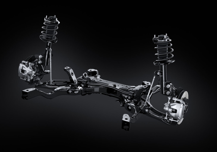 フロントサスはアルミ鍛造のナックルを使った新開発のストラット。リアはFF車がトーションビームで、4WD車はトレーリングアーム式の2リンクダブルウイッシュボーンを使う。