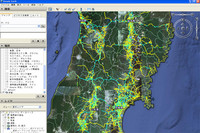 被災地域の道路通行実績が見られるトヨタのサービス「通れた道マップ」の閲覧画面。