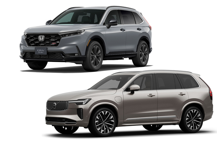 ホンダの「CR-V」（上）と、北欧のプレミアムSUV「ボルボXC90」（下）の比較。　
	ほった「存在感とか、全然負けてないでしょう？」　
	清水「こうして見ると、確かにCR-Vのデザインは“コスパがいい”のかも」