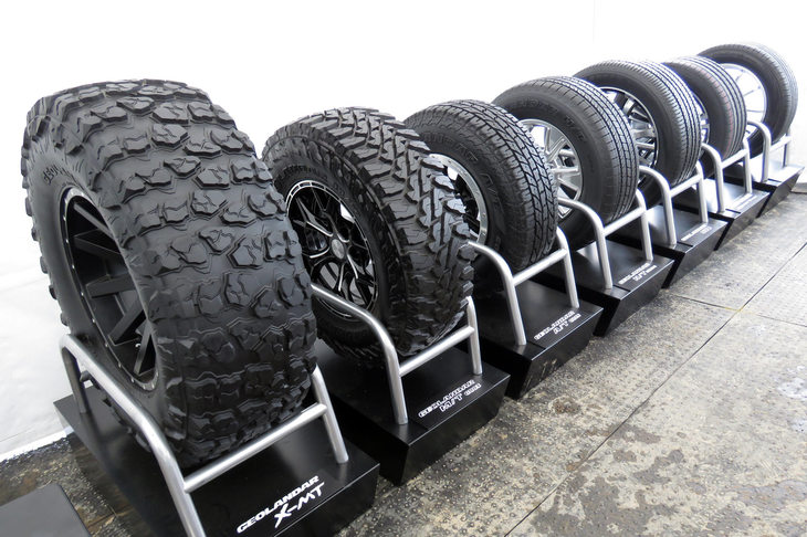 日本に導入される3サイズの中でも、最も巨大な40×13.50R17サイズの「ジオランダーX-MT」。その外径は40インチ（約102cm）と、まさかのメートル超えである。