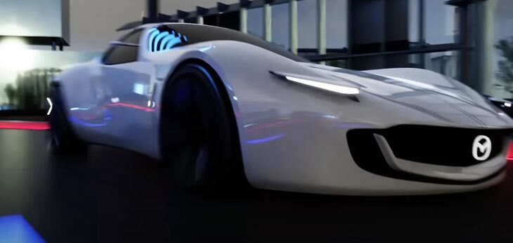 次期「ロードスター」を想像させる「ビジョンスタディモデル」だが、ルーフはソフトトップではないらしい。イメージ映像では、ドアが斜め上方に開くシーンが確認できた。