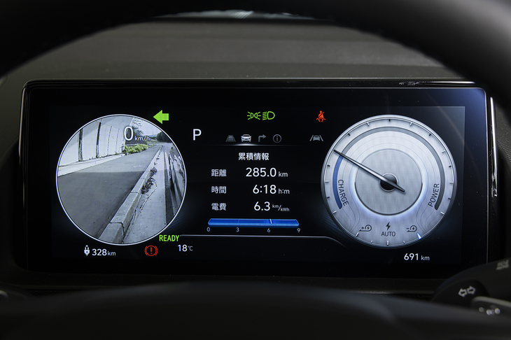 メーター用スクリーンは10.25インチ。ウインカーを出した側の車両サイドのカメラ映像を映し出してくれる機能が便利だ。