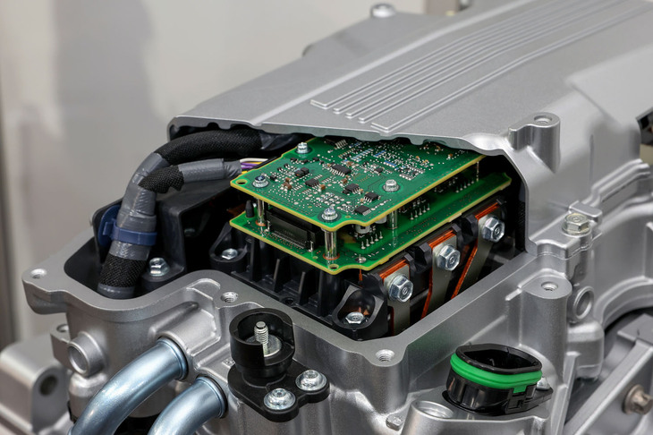 電気式CVTの上に積まれる「パワーコントロールユニット」はさらに小型かつ高性能に。駆動用バッテリーの「インテリジェントパワーユニット」とはアルミ撚線のケーブルで接続される。