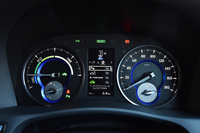 ハイブリッド車のメーターパネル。アナログ式の大きなメーターそれぞれの内側に、小さなメーター（左：水温計、右：燃料計）がレイアウトされる。
    