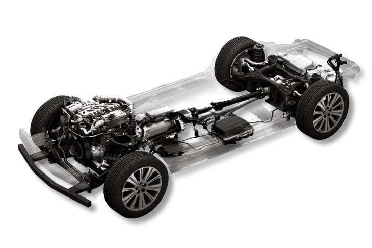 ラージ商品群向けのエンジン縦置きアーキテクチャー。写真はディーゼルエンジン＋48Vマイルドハイブリッド仕様のもの。