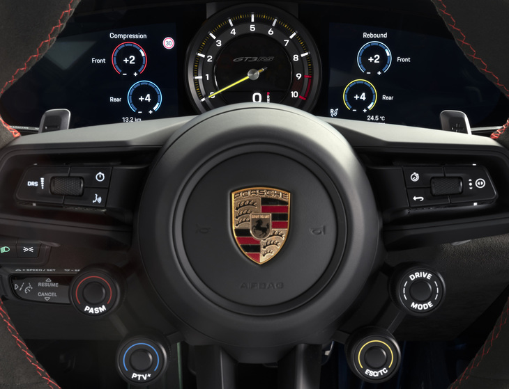 ステアリングホイールに4つのロータリースイッチと、DRS（ドラッグリダクションシステム）のスイッチが備わる。