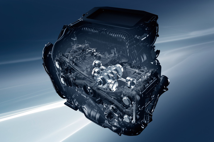 平べったく嵩（かさ）のない水平対向エンジンは、正面衝突の際にキャビンの下に潜り込むことで衝撃を吸収。またボンネットとの間に空間がとれるため、歩行者の頭部保護性能にも有利だという。