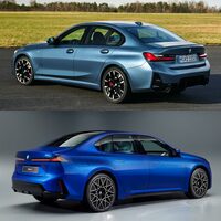 現行型「3シリーズ」（上）と新型「i3」（下）のリアクオータービュー。まったく同じ画角ではないので参考程度と捉えてほしいが、各部のボリュームの違いがよくわかる。
