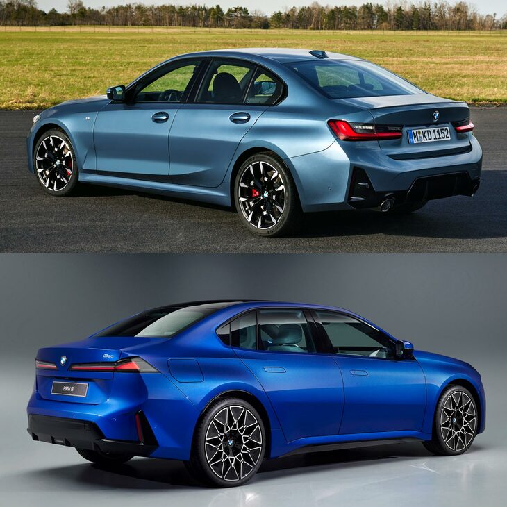 現行型「3シリーズ」（上）と新型「i3」（下）のリアクオータービュー。まったく同じ画角ではないので参考程度と捉えてほしいが、各部のボリュームの違いがよくわかる。
