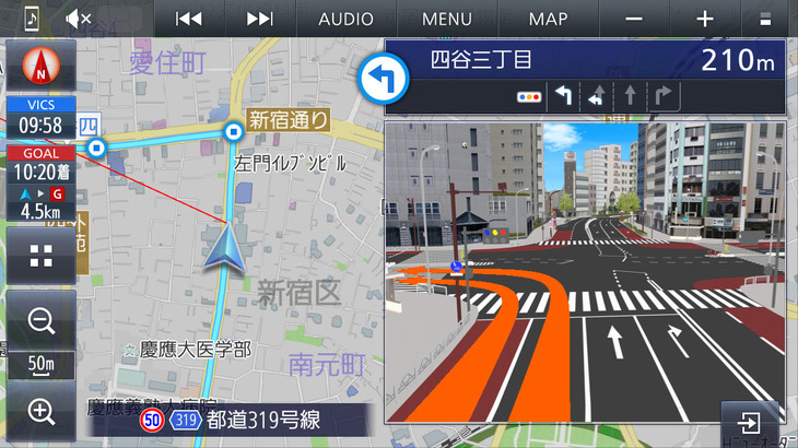 地図上に交差点の拡大図と現在地の2画面で表示されるためわかりやすい。メリハリのある絵柄で的確に曲がる方向を示してくれる。
