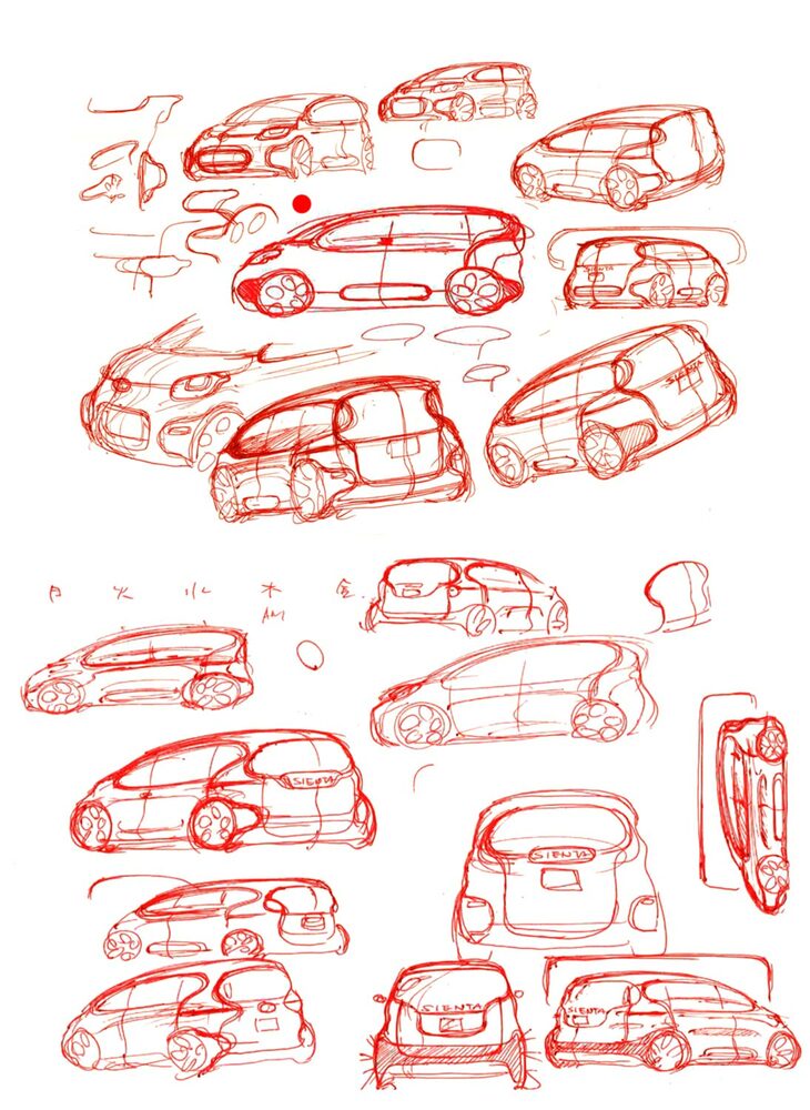 3代目「シエンタ」のデザインスケッチ。　
	ほった「これを見ると、当初はもっとモノフォルムに近い形を考えていたんですかね」