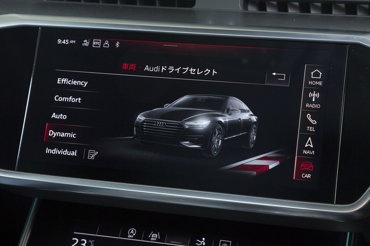 走行モードは「エフィシェンシー」「コンフォート」「オート」「ダイナミック」に「インディビジュアル」を加えた5種類。タッチパネルまたはボタンの操作で切り替えられる。