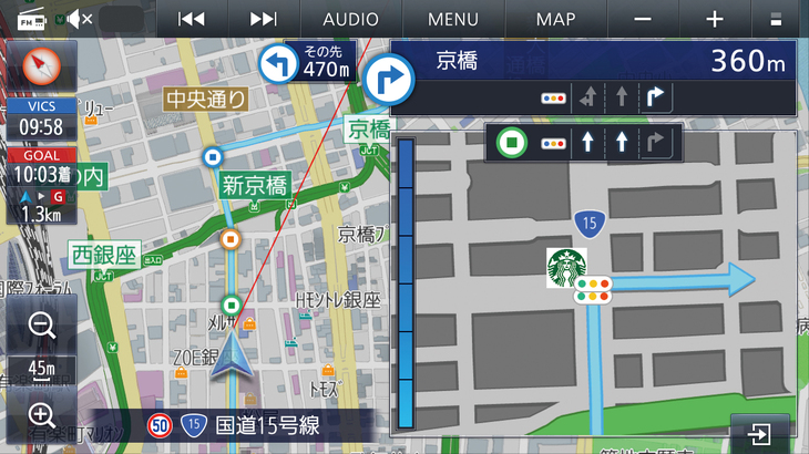曲がるべき交差点に近づくとその次に曲がる交差点の情報を画面の上に表示。直近の交差点を曲がったらその先470mを左折と案内。